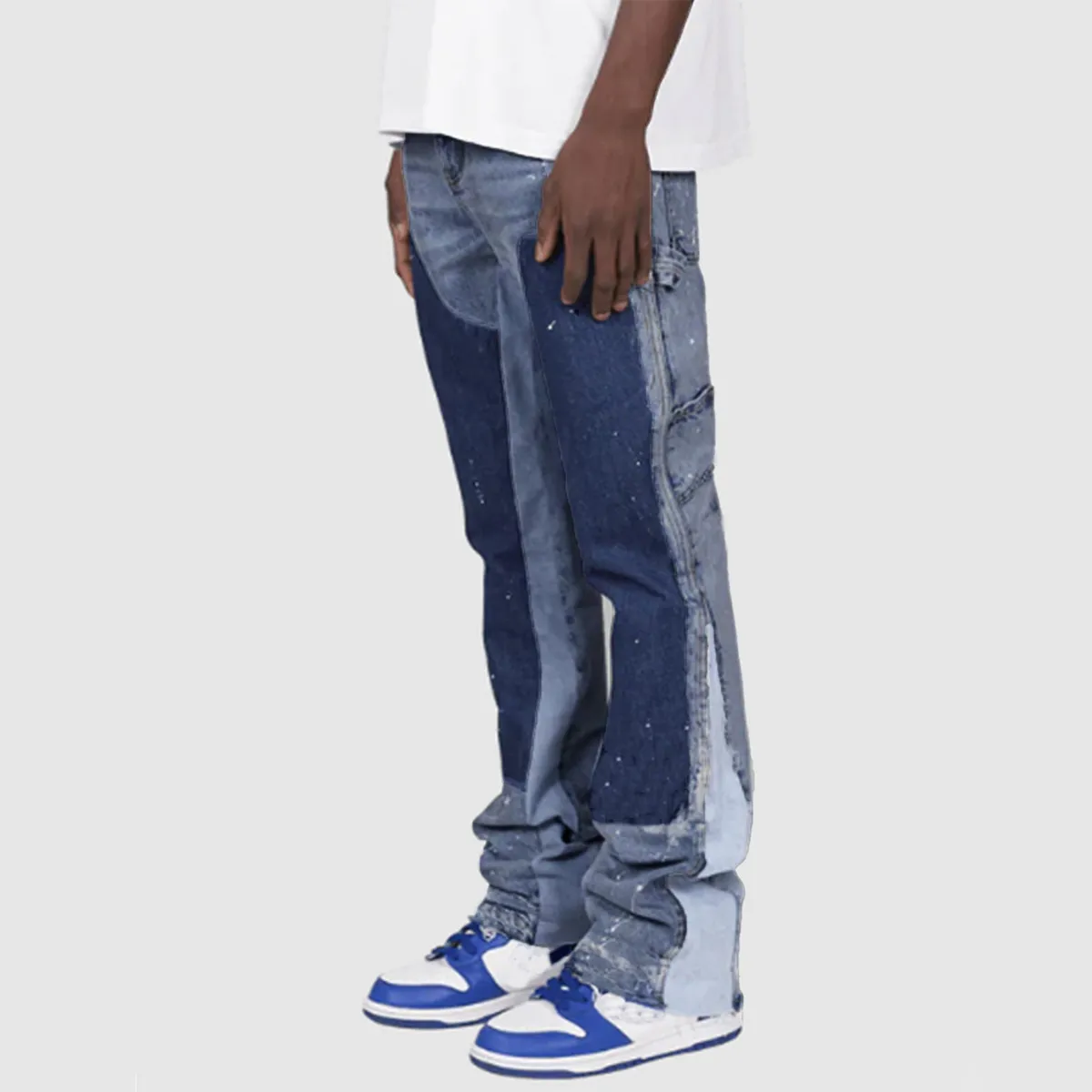 Men's Hand-Painted Flared Jeans - Black With Contrast Color Block Design, Retro Bootcut Trousers, Street Style Denim_voghion.com