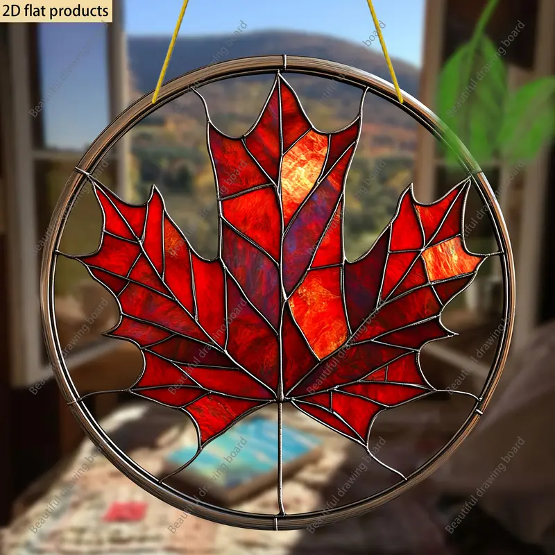 Maple Leaf Suncatcher, 8"x8" Round Acrylic Sign. Spring, Everyday, Housewarming Gift. Wreath Centerpiece, Window/Porch/Wall/Home/Garden Decor._voghion.com