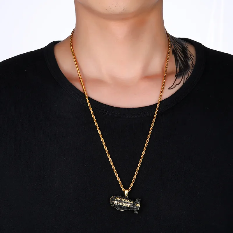 Colliers Pendentif Hip Hop LE MONDE EST À VOUS Blimp Or Couleur Zircon Cubique & Pendentifs Pour Hommes Bijoux Avec Tennis_voghion.com