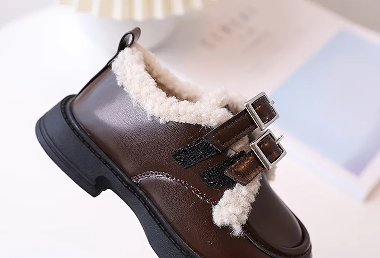 Children Leather Loafers For Boys Girls Winter Thick Soled Lamb Wool Warm Girl Uniform Princess School Cotton Shoes_voghion.com
