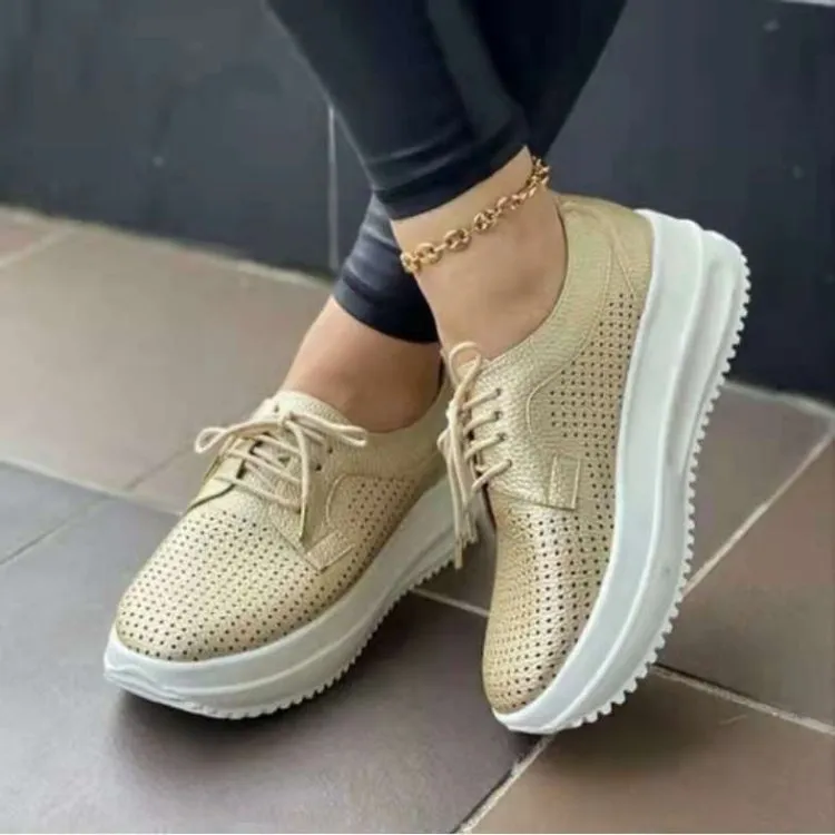 Women's Shoes Fashion Casual Solid Color Hollow Breathable Round Toe Strap Flat-heeled Platform Comfortable Sneaks_voghion.com