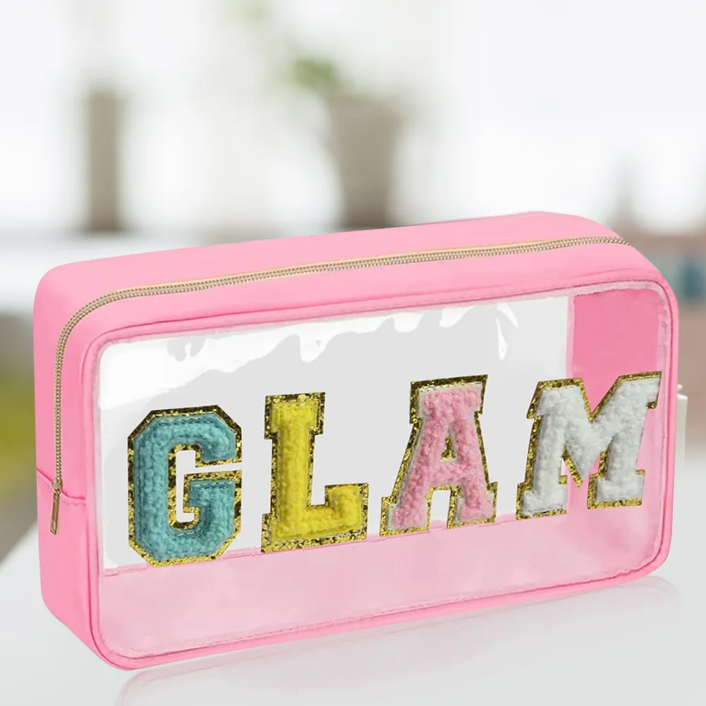 Mode Kosmetiktasche Große Kapazität Casual Organizer Clutch Taschen Transparent Bestickte Buchstaben Patches Tragbar Für_voghion.com