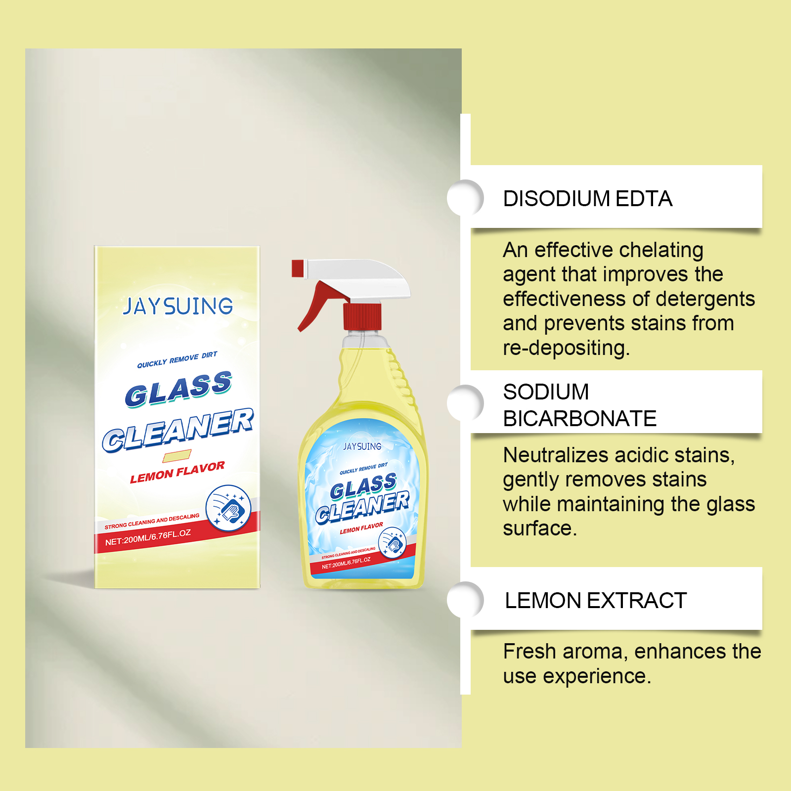 Jaysuing Lemon Flavored Glass Decontaminating Cleaner Cleans Glass Stains Dust And Descaling Household Cleaner_voghion.com