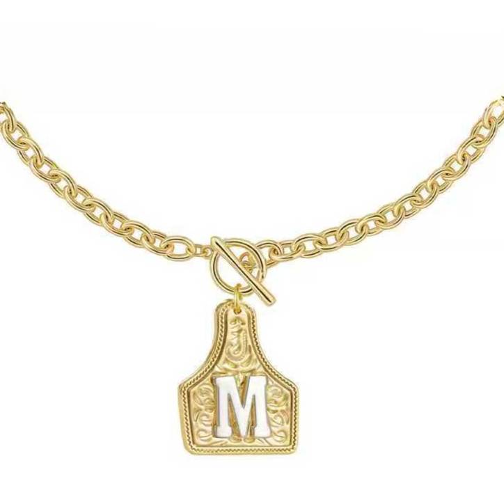 Collier pendentif lettre initiale bijoux cowboy plaqué or 14k_voghion.com