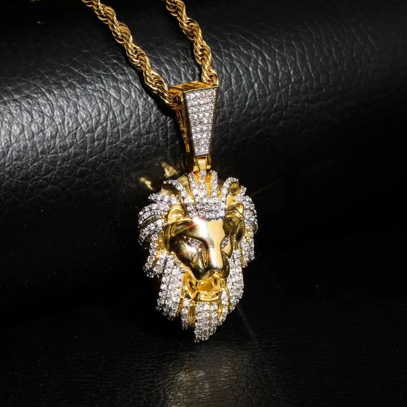 Collana con ciondolo a forma di testa di leone Hip Hop TopBg, da uomo, in oro 14k, con ciondolo a catena in corda._voghion.com