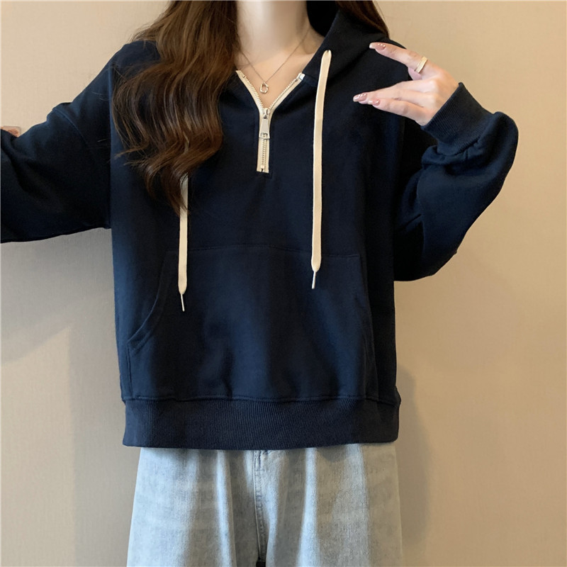 Felpa con cappuccio donna mezza zip maniche lunghe autunno loose_voghion.com