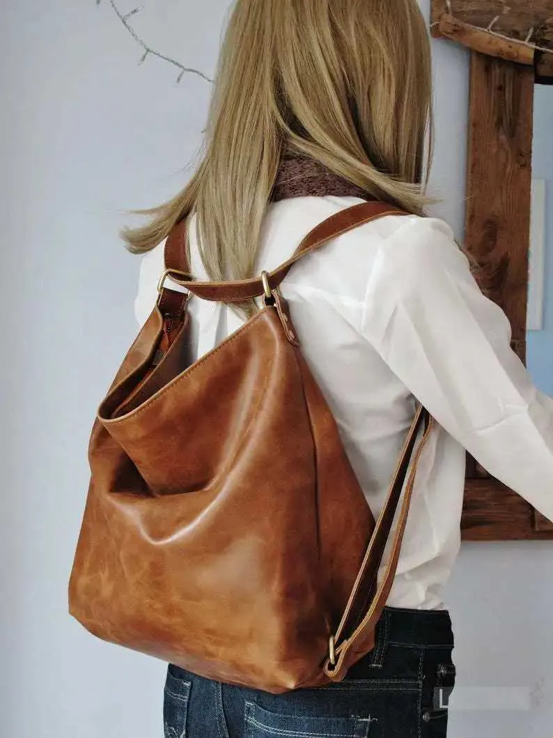 Damen-Rucksack 2-in-1, modisch, Retro, geöltes Wachs-PU-Leder, Schultertasche mit großem Fassungsvermögen, Crossbody-Tasche, einfarbig, britisch_voghion.com