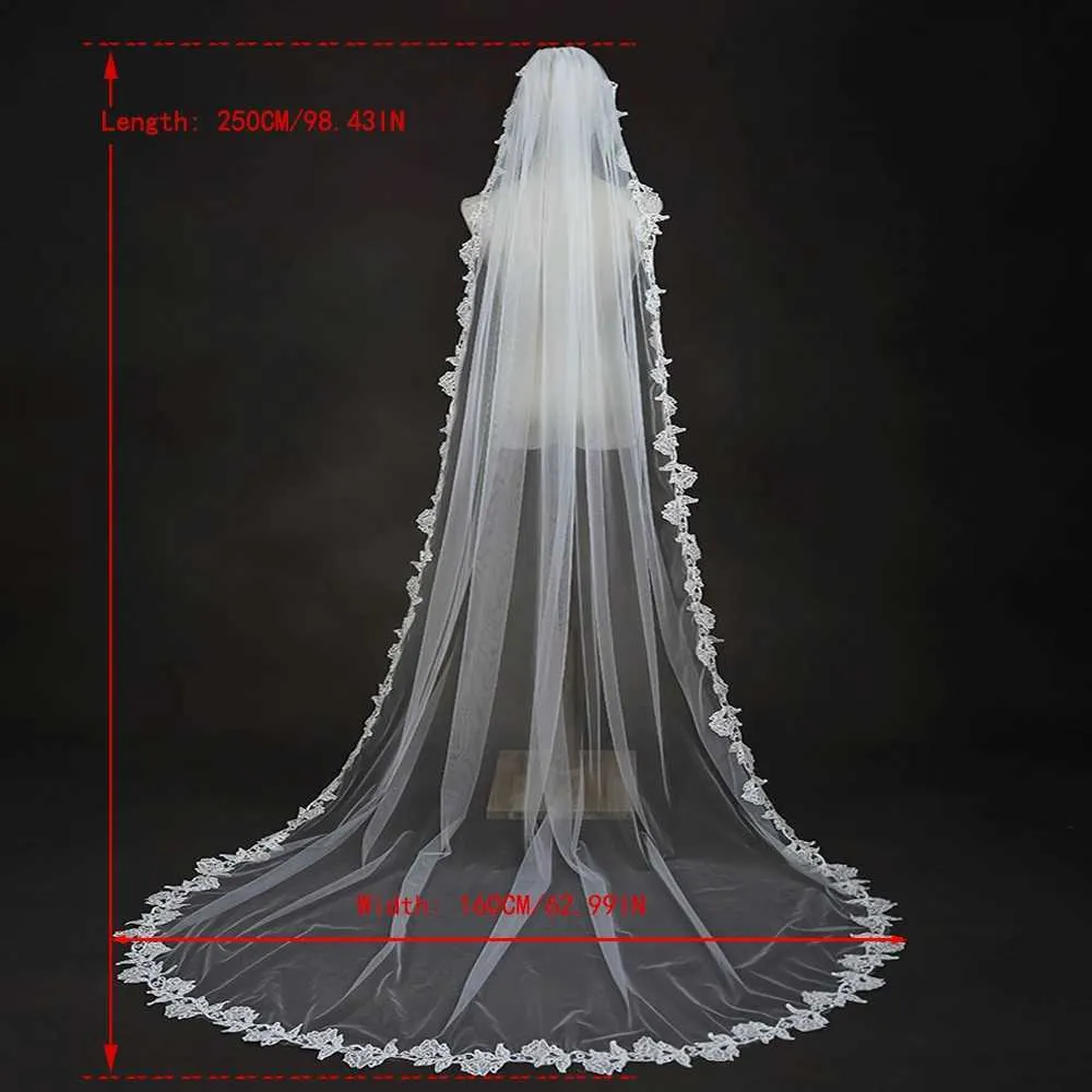 Gioielli per capelli, veli da sposa lunghi con pettine, velo a 1 strato, bordo smerlato, rifiniture in pizzo, lunghezza cattedrale, accessori da sposa per_voghion.com
