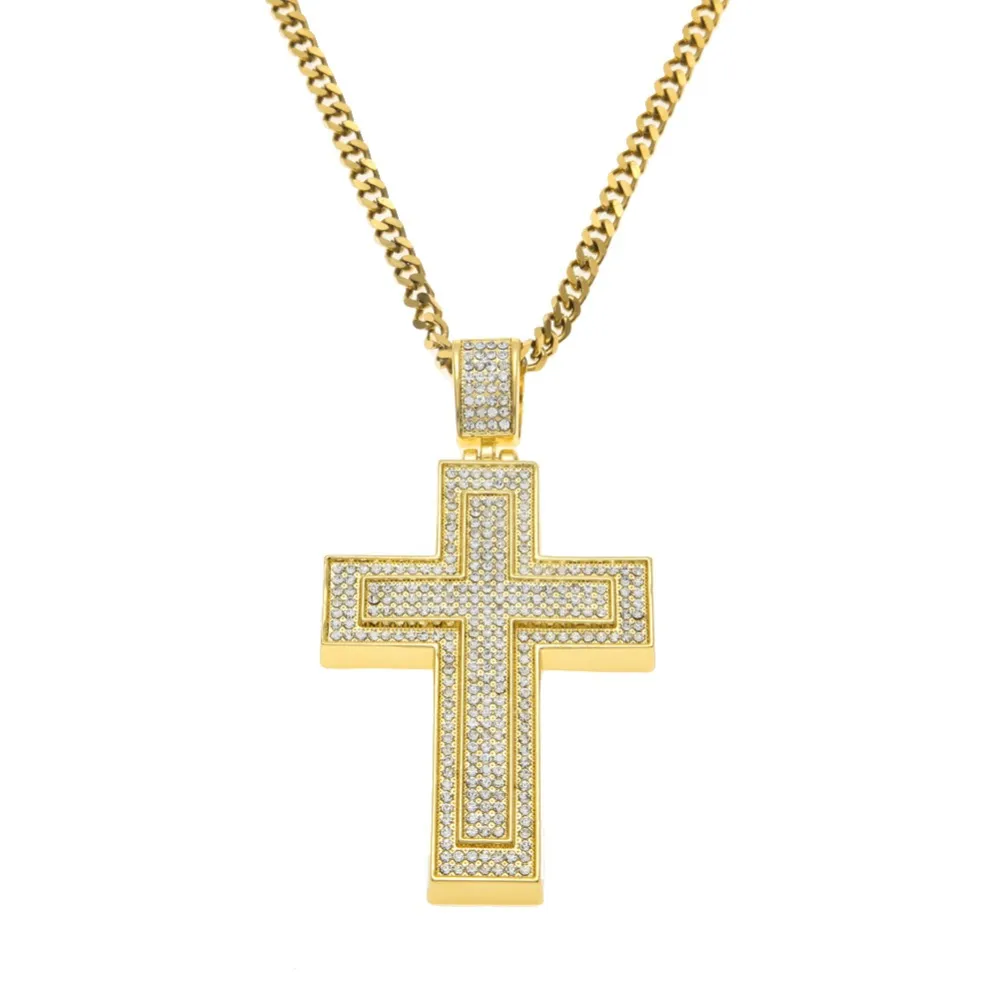 Gold Cross Pendant Necklace With Cuban Link Chain For Men_voghion.com