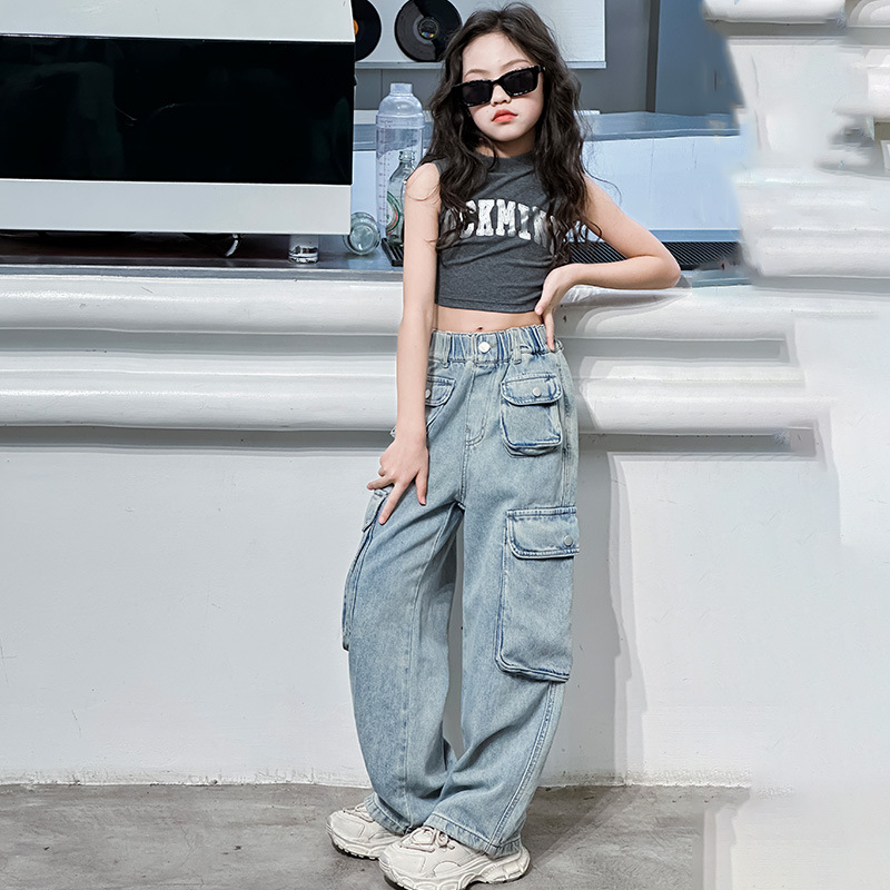 Jeans à grande poche pour filles, salopette ample pour garçons et filles, pantalons pour enfants_voghion.com