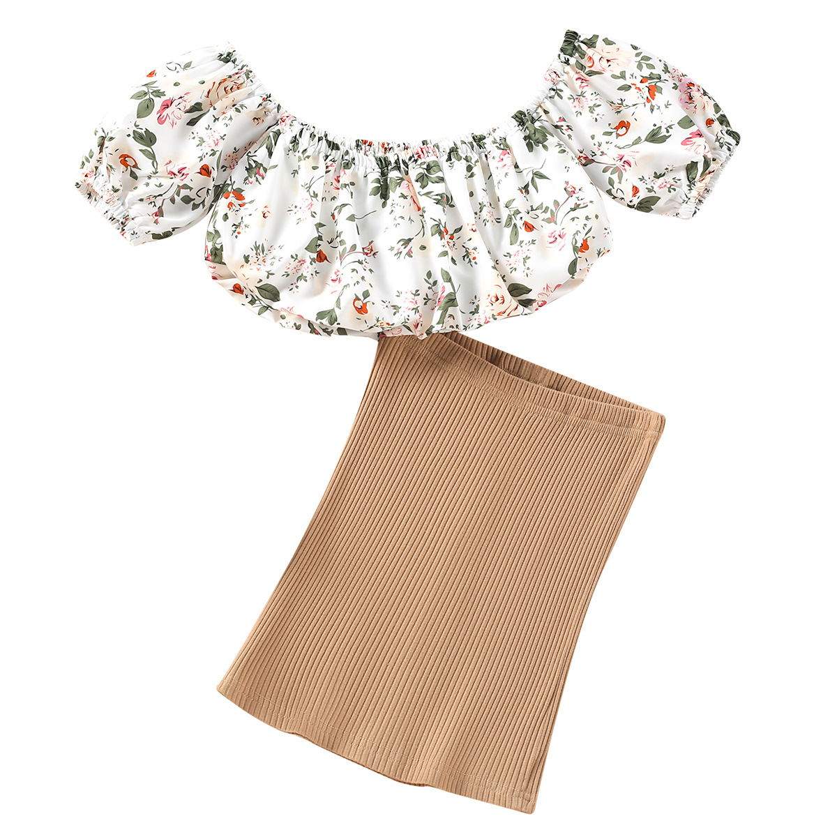 Mother&Kids Girls floral line shoulder top + slit slit hip skirt set_voghion.com