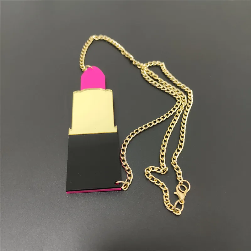 Collane con ciondolo Moda Donna Grande Rossetto Modello Collana Acrilico Trendy Ragazze Festa Regalo Oro Rosa Colore Gioielli_voghion.com
