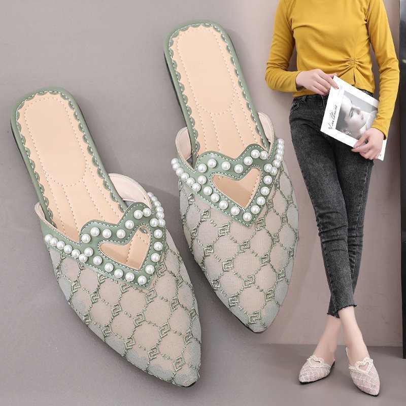 Pointed Toe Pearl Embellished Mesh Slippers For Women Low Heel_voghion.com