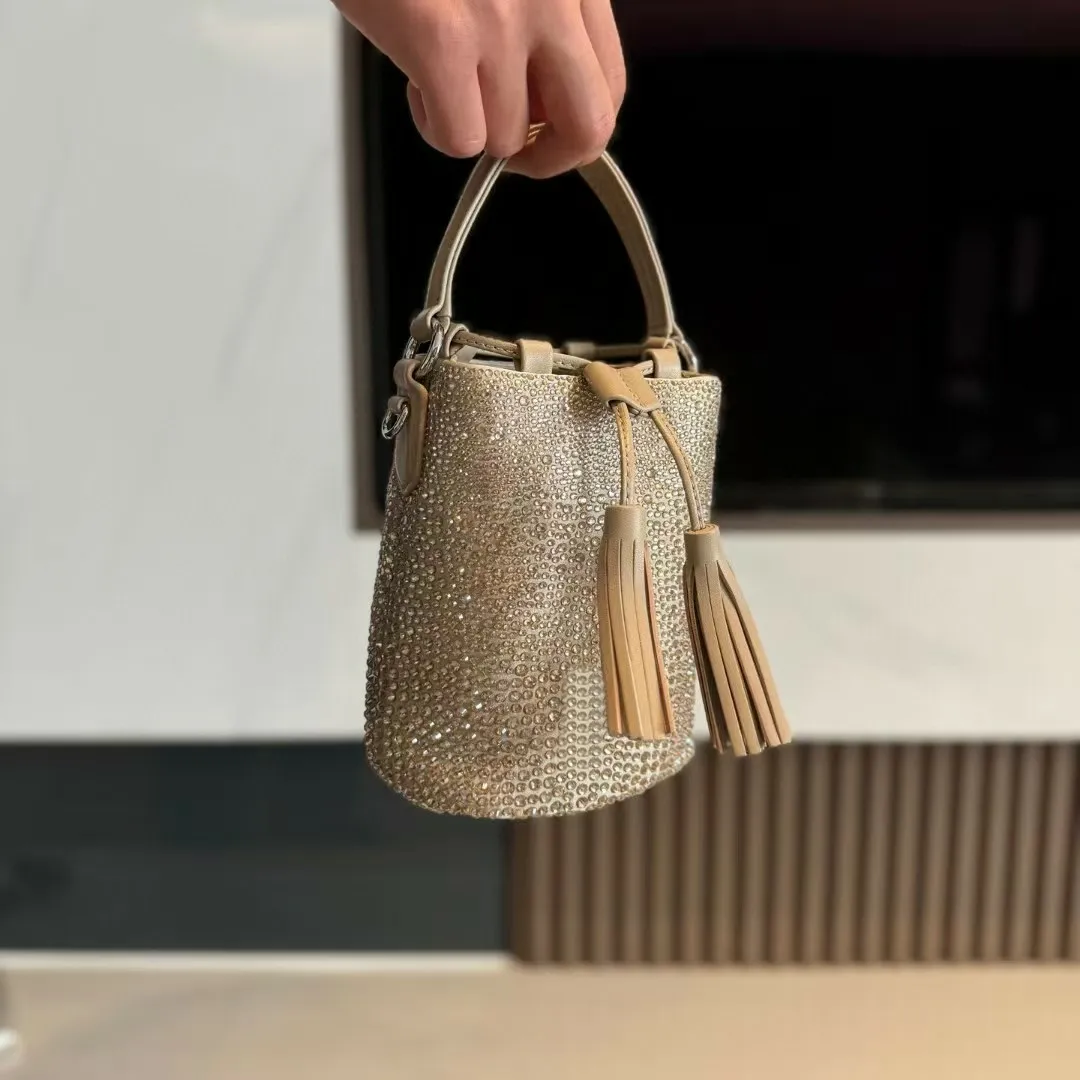 10a Quality Designer Rhinestone Bucket Shiny Calfskin Leather Top Handle Gold Hardware Drawstring Closure Shoulder Bags_voghion.com