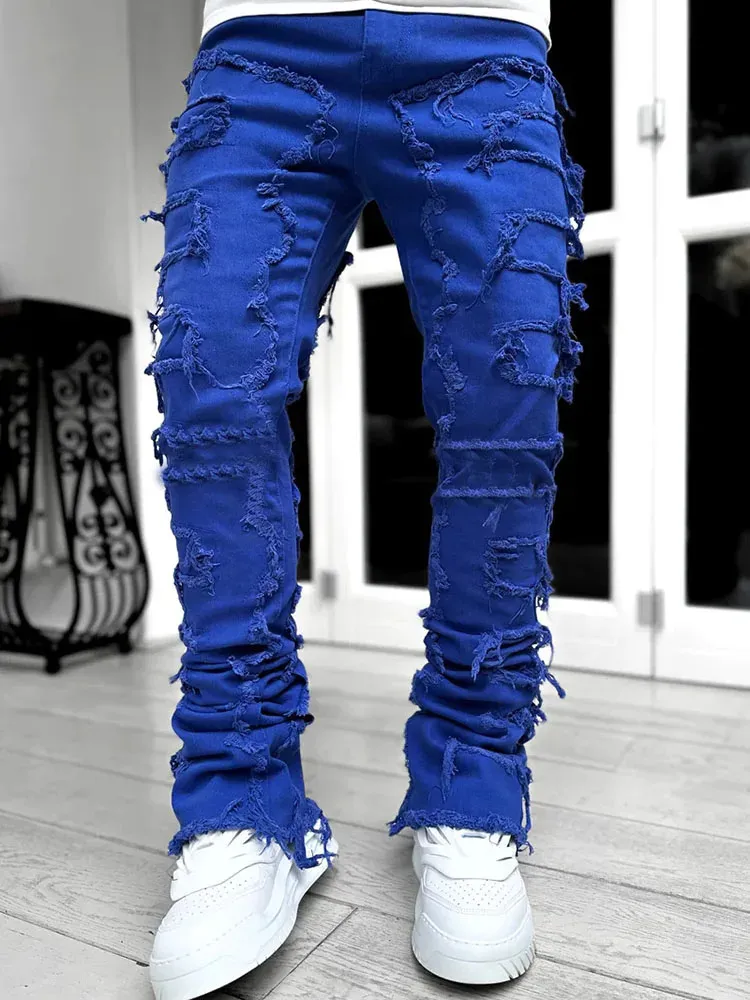 High Street Weiße Herren Stacked Jeans Stretched Patchwork Tassel Damaged Denim Volle Länge Hosen Hippop Hosen Für Männer_voghion.com