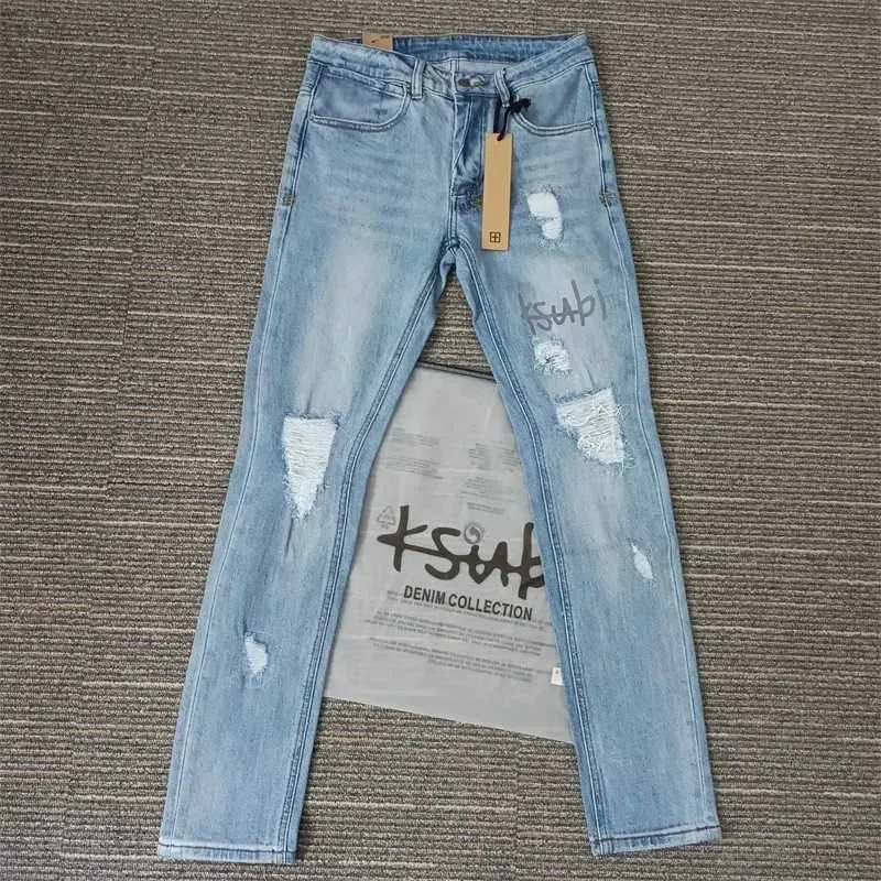 Black Blue Fashion Men KSUBI Cross Jeans Brand High Street Hole Trend Low Rise Skinny Denim Pants Ripped Frayed_mkmklike.com