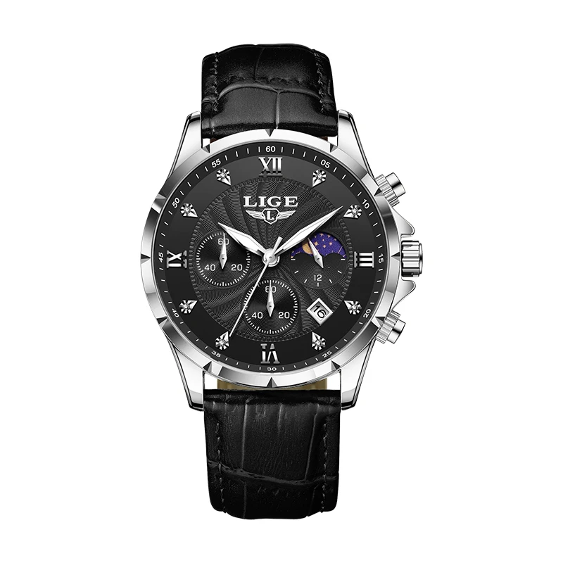 Men's Luxury Quartz Watch With Moon Phase Leather Strap Date_voghion.com