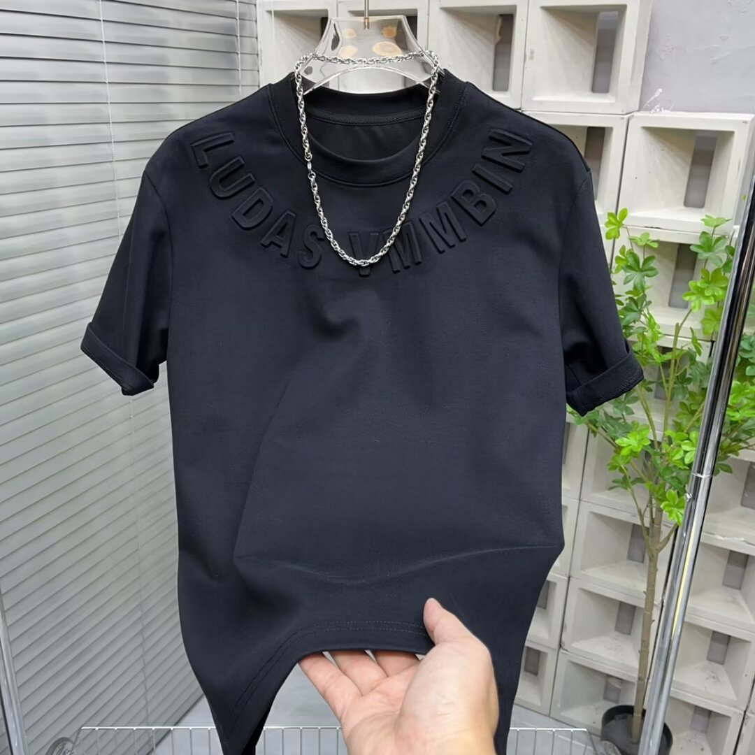 Men's Clothing neck pullover heavy short sleeved T shirt with embroidered letters,style slim fitting Internet celebrity bottoming half sleeved shirt_voghion.com