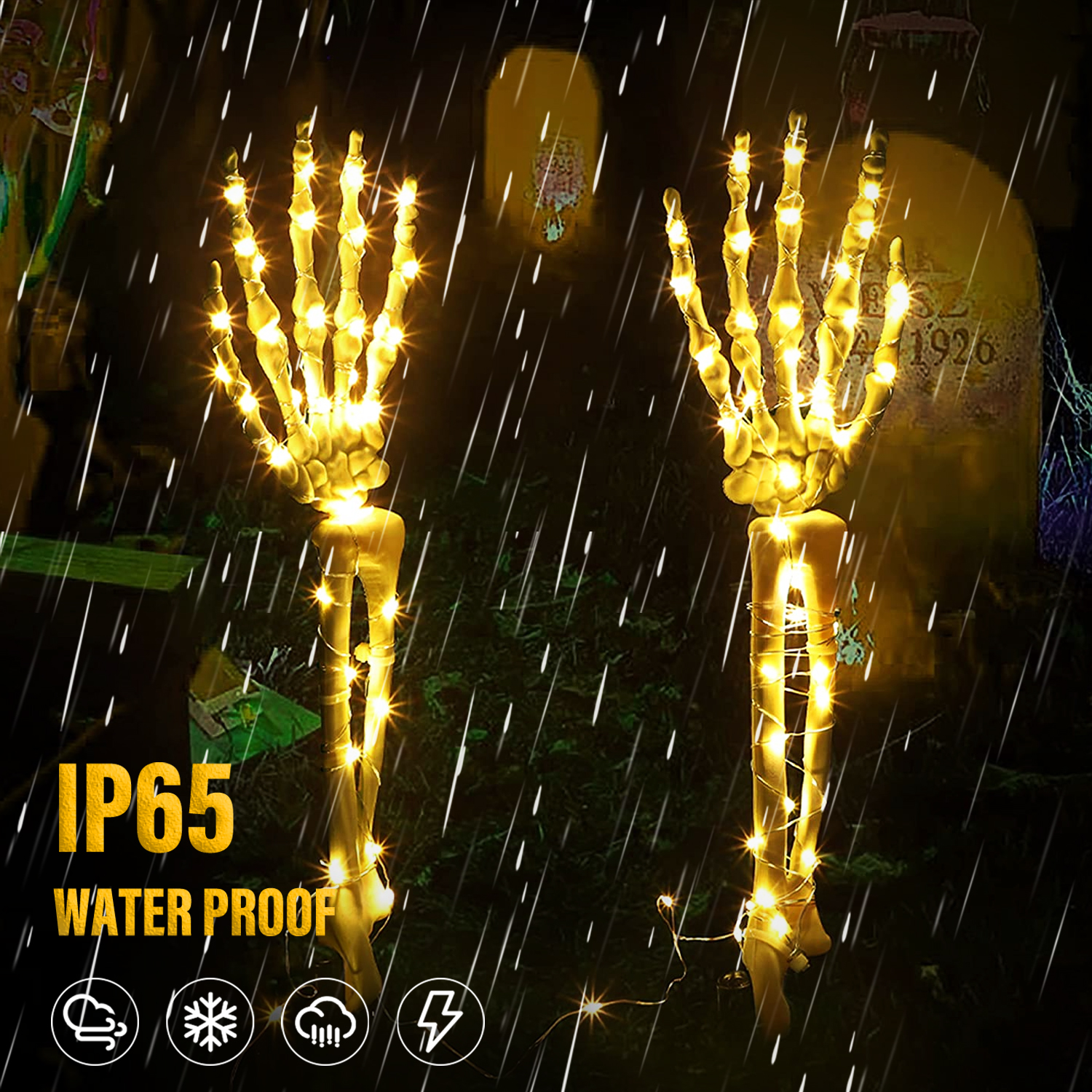 1 par de caveira solar LED com braço à prova d'água para áreas externas, caveira brilhante de Halloween com 8 funções, jardim, quintal, gramado, decoração interna e externa de Halloween_voghion.com