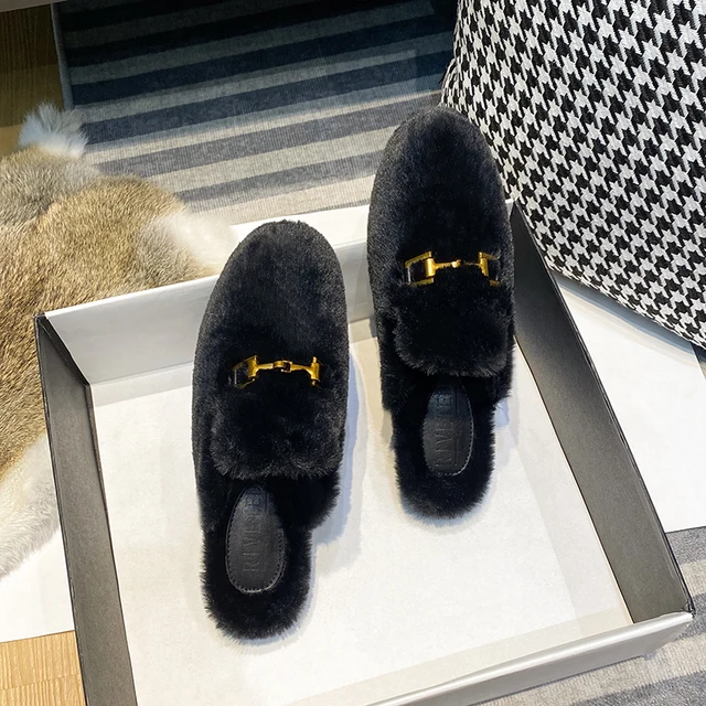 Zapatillas planas de felpa para mujer, zapatos de invierno para el hogar y el exterior, diseño decorativo de metal, mulas casuales y de oficina, talla grande 41-44_voghion.com