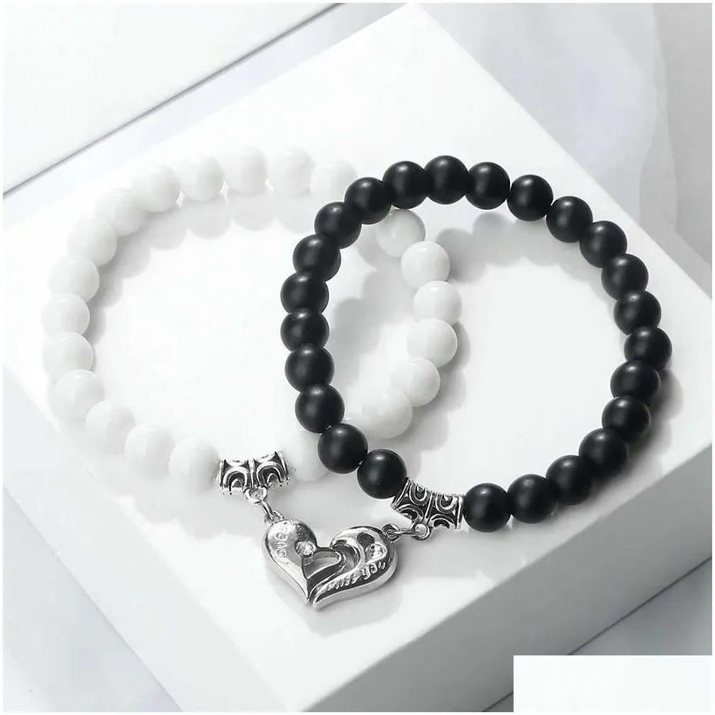 2 Stéck/Set Häerzfërmeg Magnéitesch Koppelarmbänner aus Natursteenperlen, charmant Magnete, passend Kaddoe fir Léifsten_voghion.com