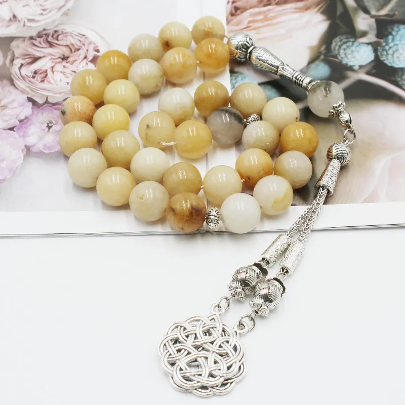 Ketten 33 reine natürliche 12mm alte gelbe Jade Muslimische Perlen Armband Islamisches Chanting Tasbeeh Tasbih_voghion.com