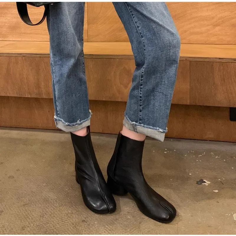 Women Ankle Boot Fahion Autumn Winter Soft Leather Split Toe Tabi Thick High Heel Chunky Shoe In Style Short_voghion.com