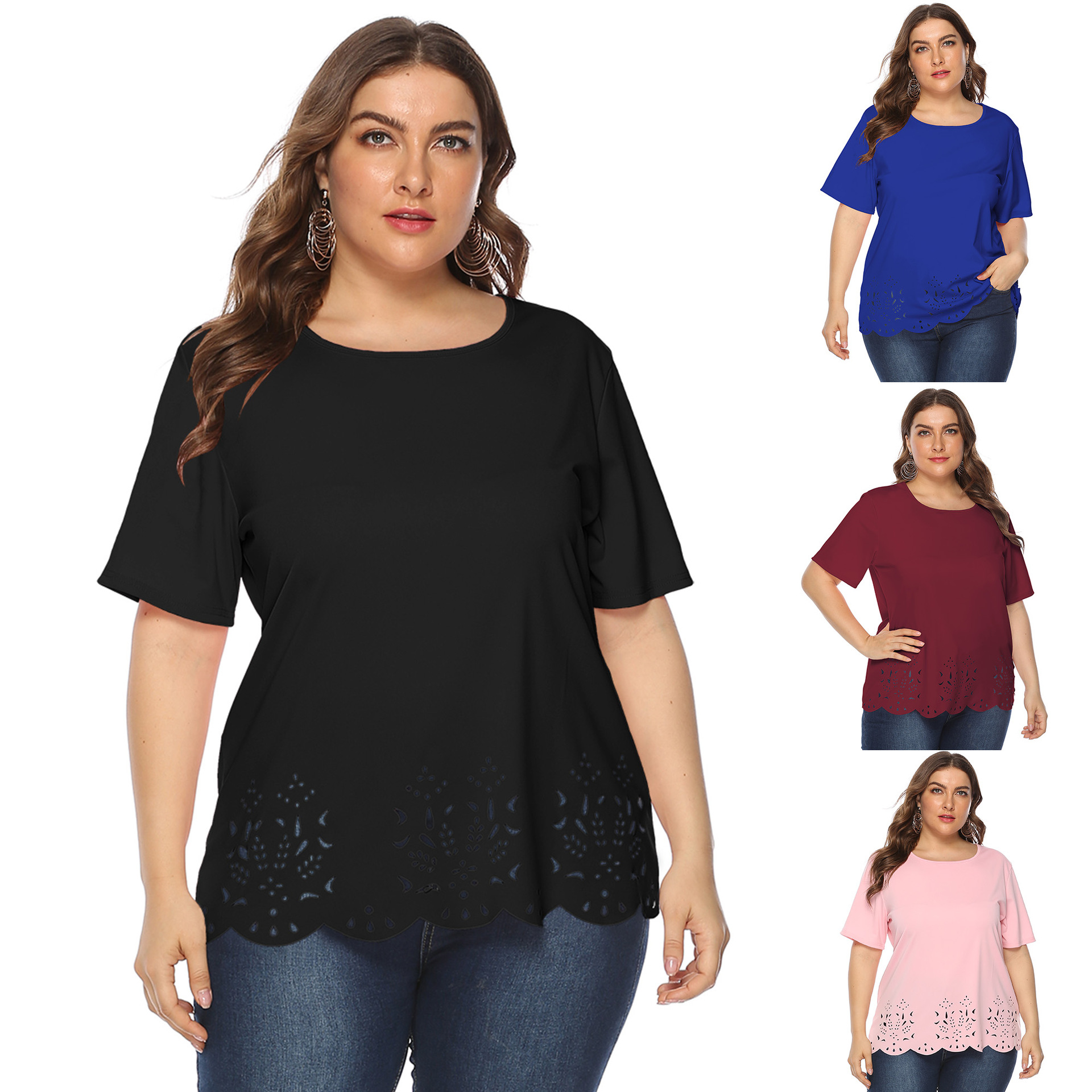Women's tops large size women's clothing solid color burnt flower hollow wave edge casual short-sleeved T-shirt_voghion.com