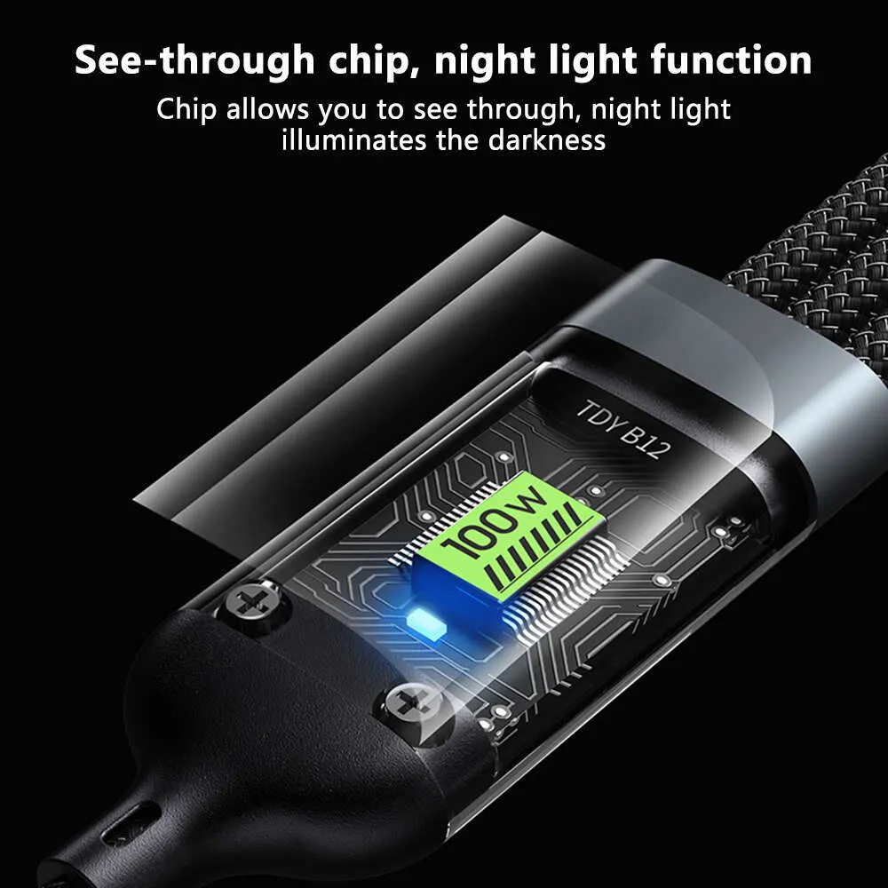 100W Cyber Edition Transparent Window Night Light LED Braided One Tow Three Data Cable Type-C Cell Phone Fast Charging_voghion.com