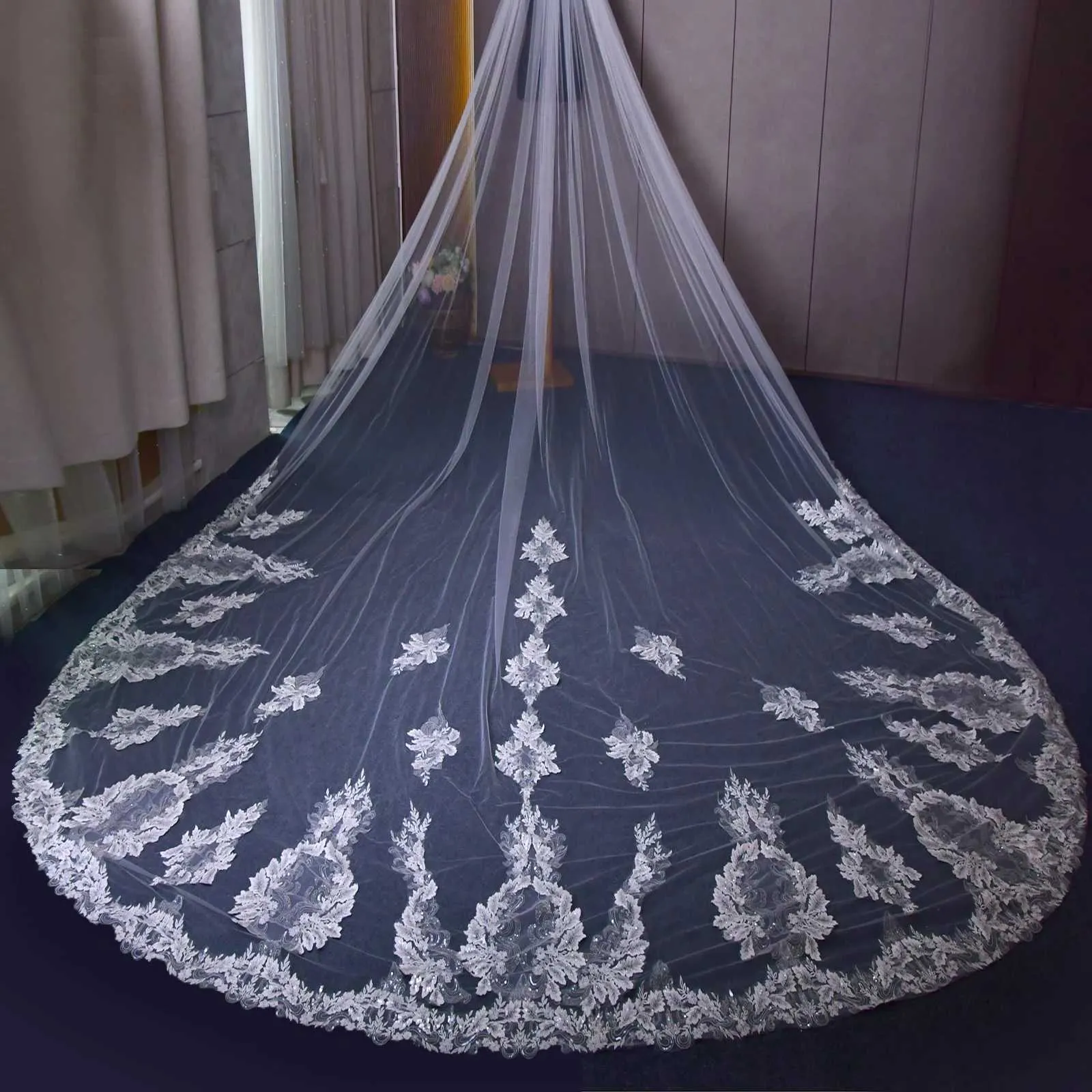 Hair Jwlry V146 Vil Long Cathdral Bridal Vils 1 Tir Lac Appliqus Edg Mantilla Wid Wdding Accssoris For_voghion.com