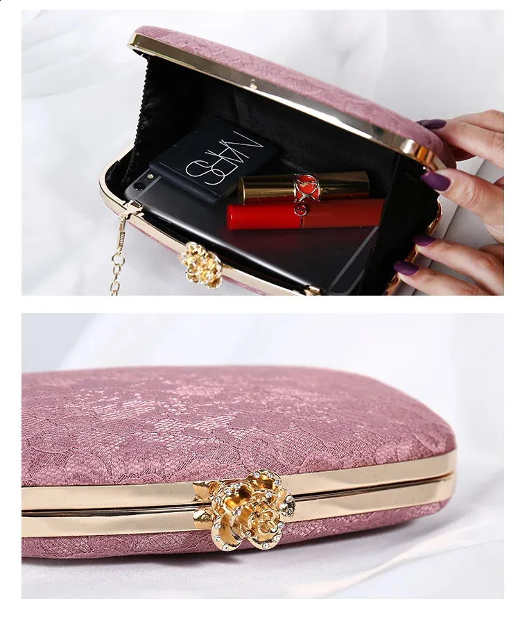 Damen Rosa Spitze Abend Clutch Handtasche Metall Rose Knopf Umhängetasche Kette Braut Geldbörse Bolsas 240827_voghion.com