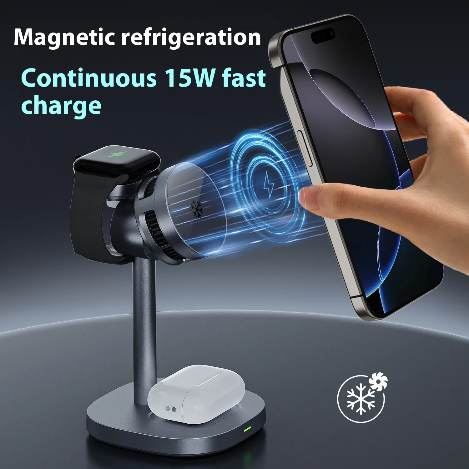 Nouveau chargeur, réfrigération à semi-conducteur, support magnétique pour téléphone portable, charge sans fil rapide 3-en-1 15 W_voghion.com