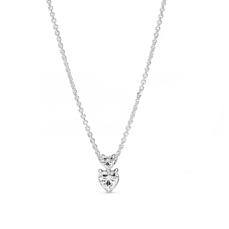 Catene 2023 Festa della mamma Alta qualità S Sterling Sier Shiny Double Heart Gioielli Set regalo Donna Moda Semplice_voghion.com