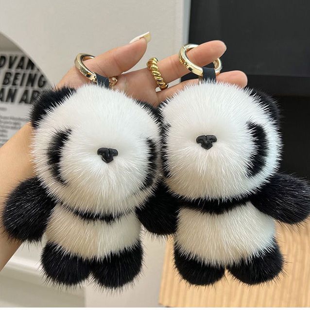 Porte-clés en peluche en forme de panda mignon avec pendentif pour sac en poils de vison