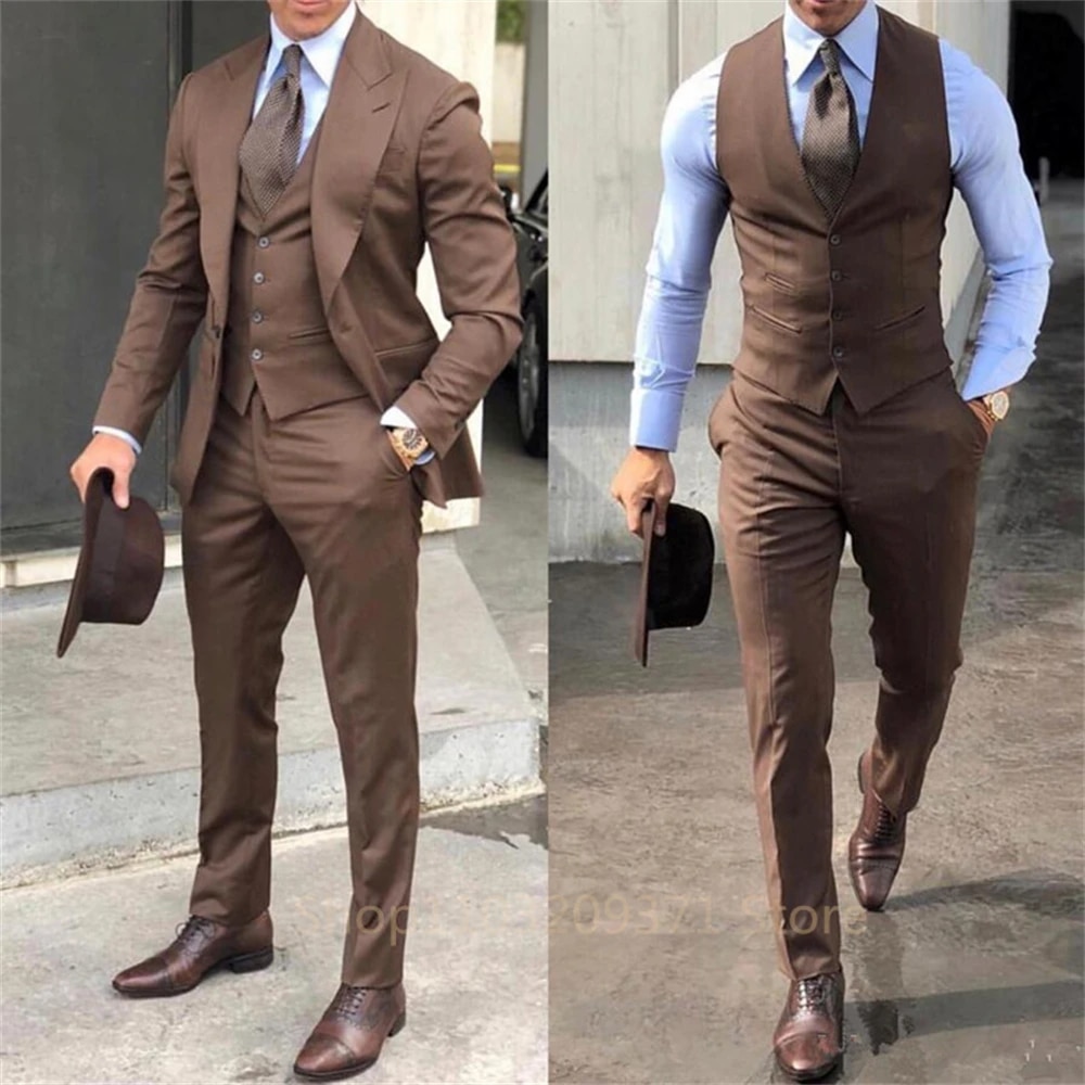 Costume 3 pièces marron pour homme, coupe cintrée, Tuxedos à revers pour marié d'affaires, costume de mariage formel, 2024