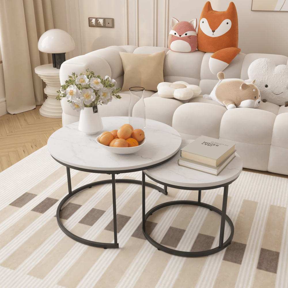 Nesting Coffee Table Set Of 2, 27.6inch Round Coffee Table Industrial Wood Finish With Sturdy Metal Frame, End Table Side Tables For Living Room Bed_voghion.com