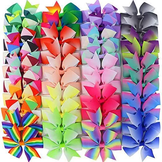 40 adet 3'' Grosgrain Kurdele Butik Fiyonklar Klipsli Pinwheel Gökkuşağı Fiyonk Kızlar Çocuklar İçin Saç Fiyonku Saç Aksesuarları_voghion.com