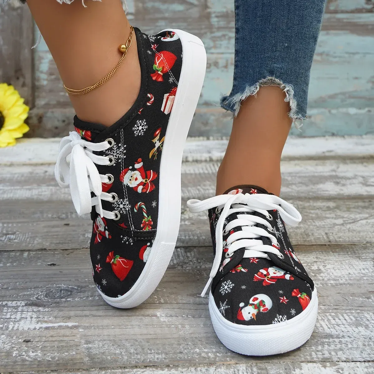 Sneakers di Natale Donna Nuovo Autunno Moda Babbo Natale Stampa Adorabili Casual Scarpe Basse Signore Festival Scarpe Vulcanizzate 2024_voghion.com