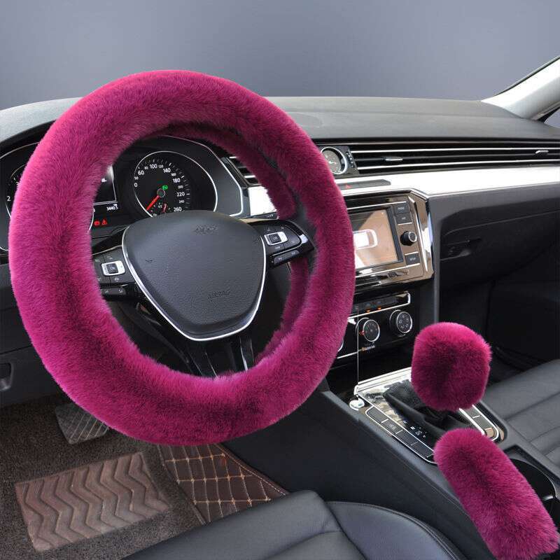 Steering Winter Otter Rabbit Fur Car Steering Wheel Plush Cartoon Handle Cover Three Piece Set Universal_voghion.com