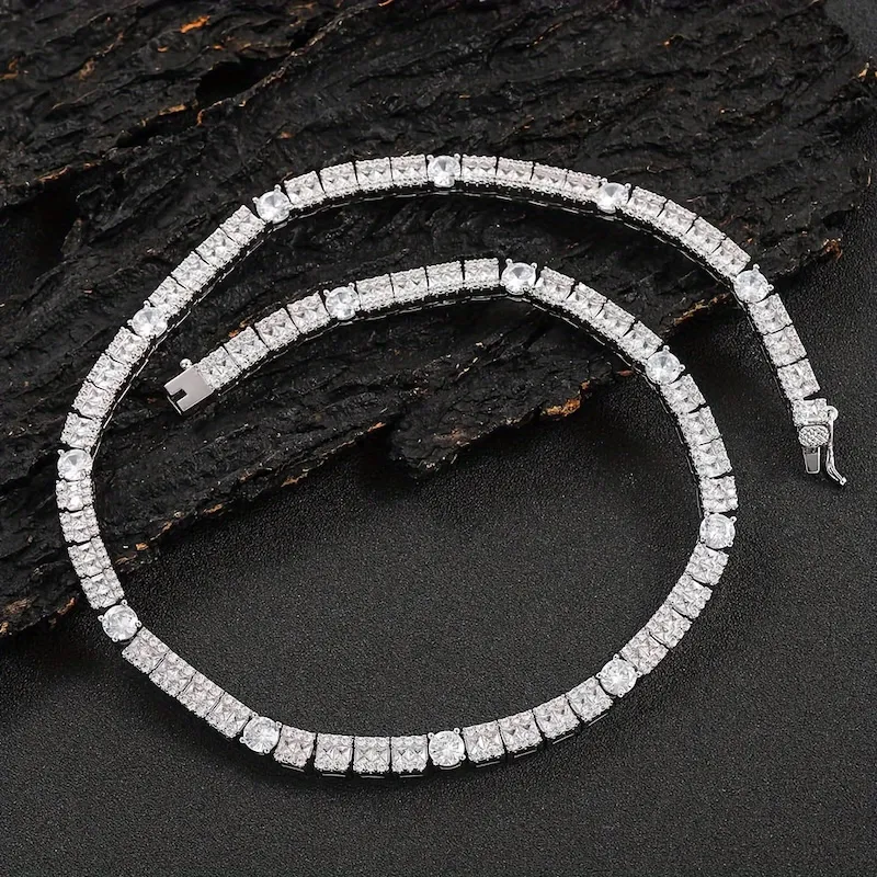 Tennis Chain Necklace With Square And Round Zirconia Stones_voghion.com