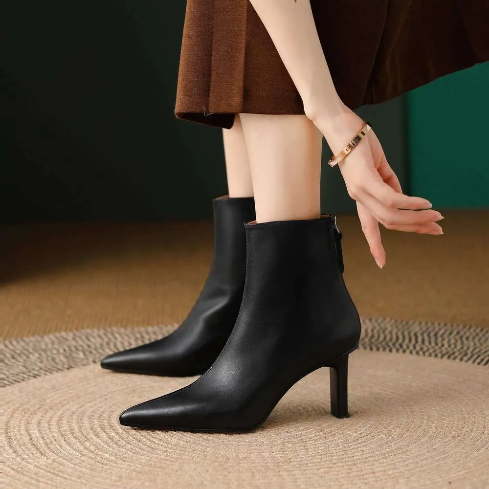 Cow Leather Pointed Toe High Heels Zipper Modern Warm Winter Shoes Concise Fashion Solid Elegant Ankle Boots_voghion.com