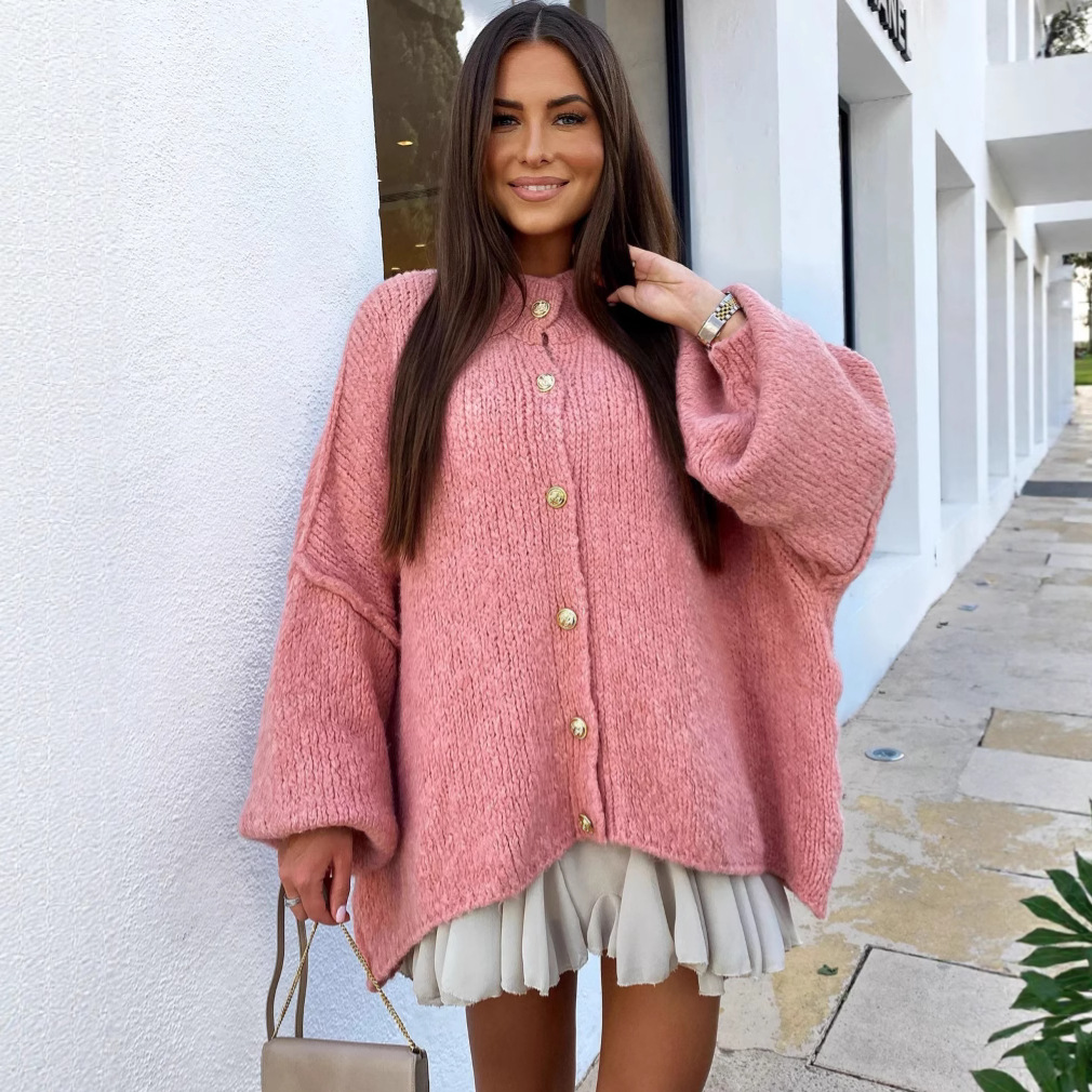 Women's British Style Knit Cardigan - Oversized Long Sleeve Button-Up Sweater Coat (15 Colors, S M L)​