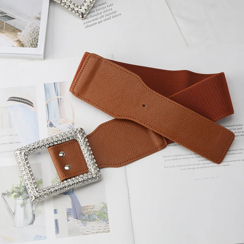 Cinture Cintura larga in pelle elastica alla moda per donna Cintura con fibbia quadrata con strass Cintura in vita con corsetto Cintura femminile_voghion.com