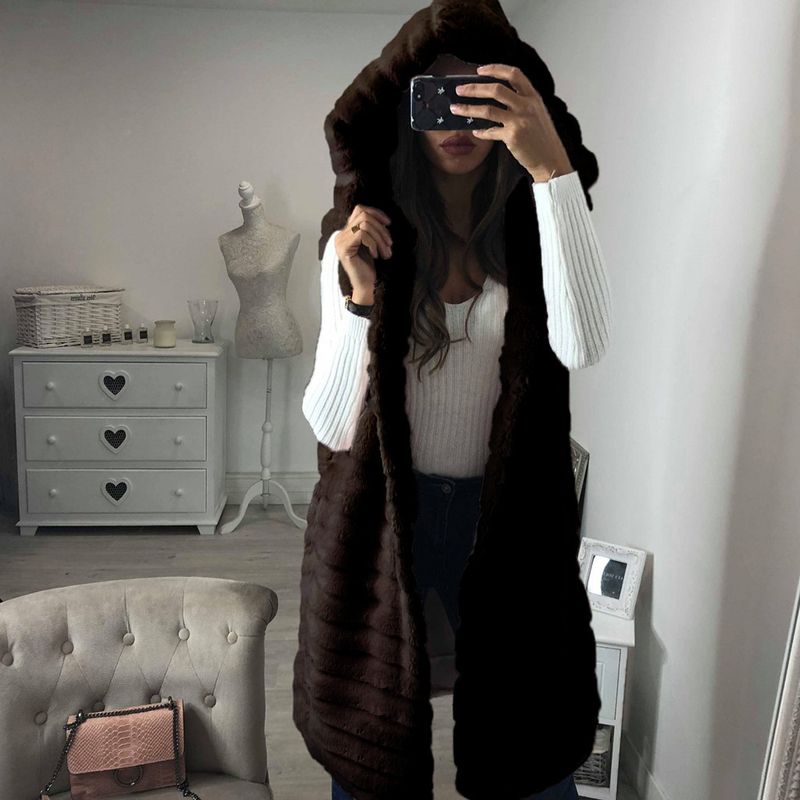 Large size women's rabbit mid-length  fur vest hooded coat_voghion.com