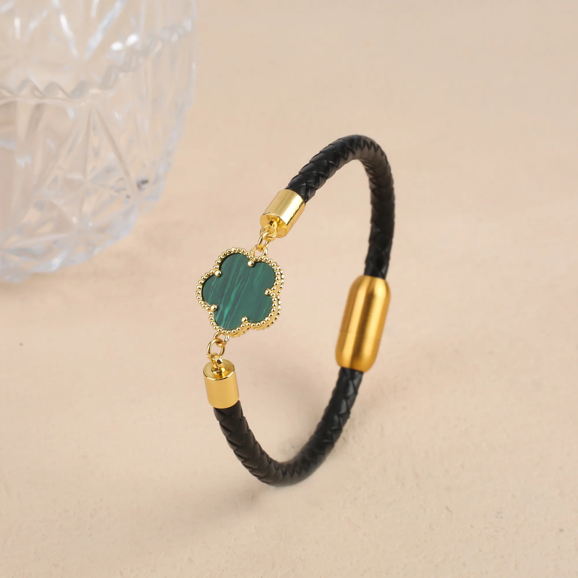 Clover Charm Leather Bracelet For Men And Women Simple Style_voghion.com