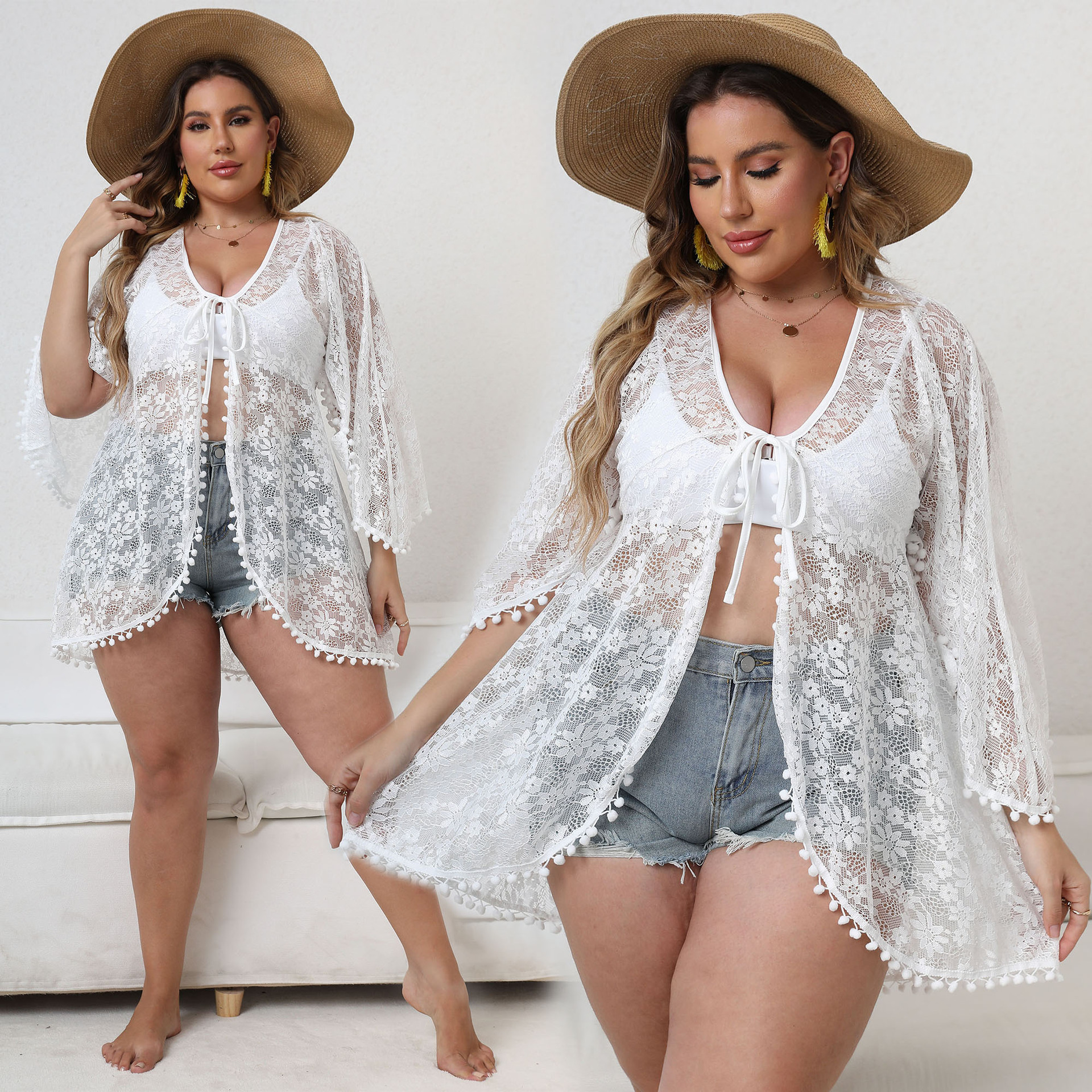 Plus Size Women's Irregular Cardigan Sexy See-through Lace Shirt Strappy Sunscreen Jacket_voghion.com