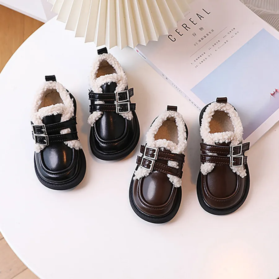 Kinder Leder Halbschuhe für Jungen Mädchen Winter dick besohlte Lammwolle warme Mädchen Uniform Prinzessin Schule Baumwollschuhe_voghion.com