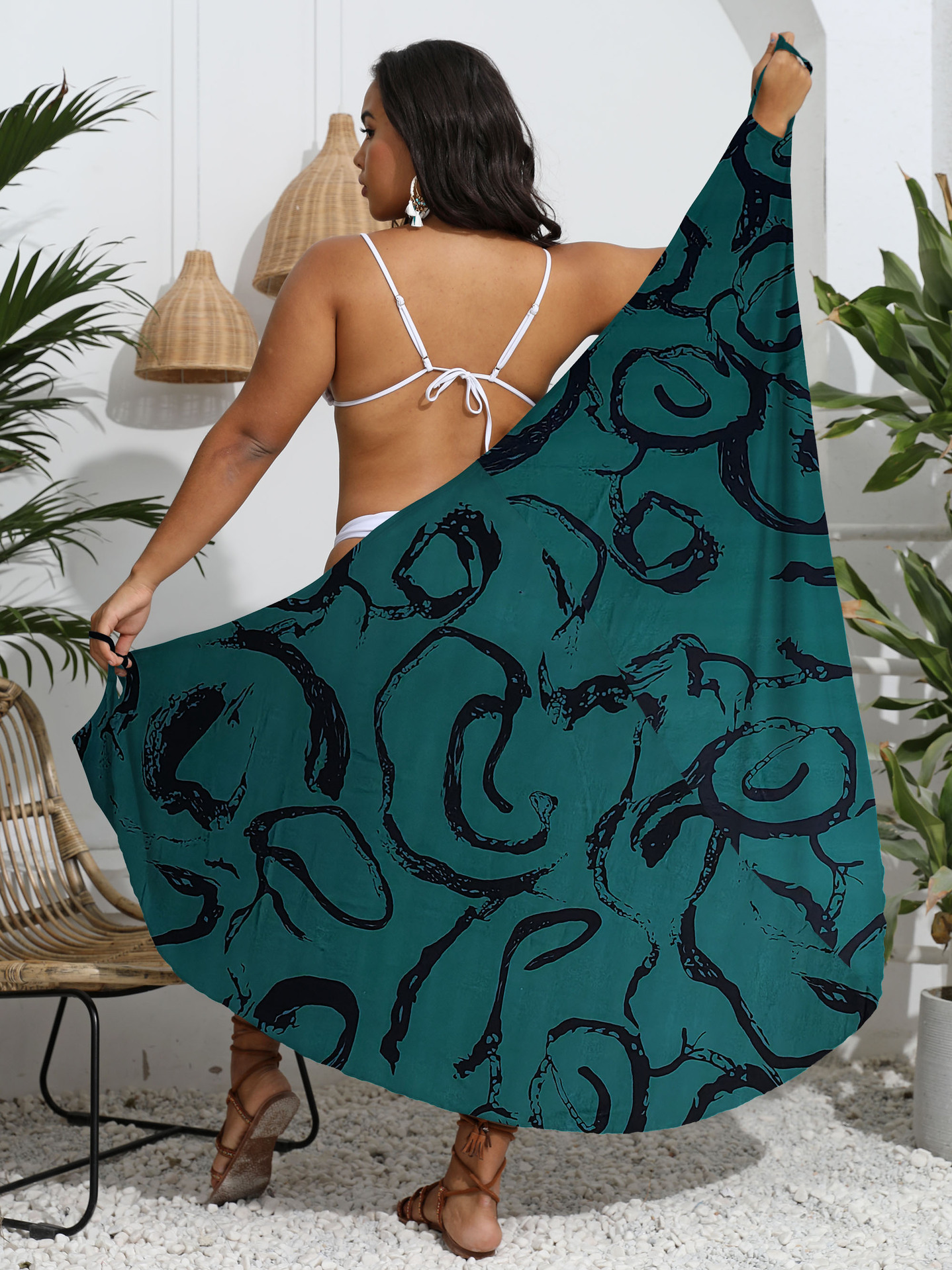 large size women's clothing printed one-piece shawl multi-wear beach dress irregular suspender dress_voghion.com