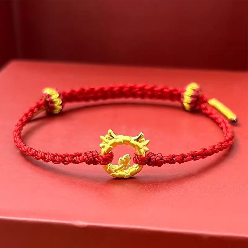 Bracciale di Capodanno da uomo e da donna con fibbia di sicurezza a forma di drago, in oro con anno zodiacale e corda rossa_voghion.com