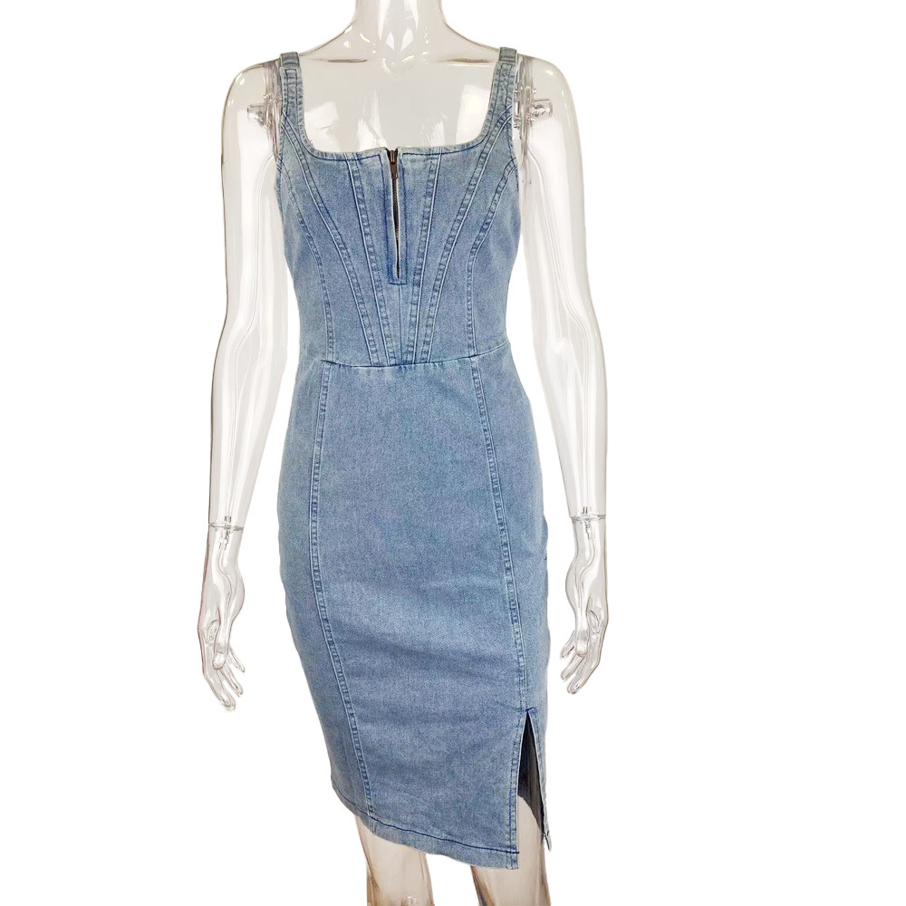 Women's Clothing Short Sleeved U Neck Suspenders Distressed Casual Style Denim Dress_voghion.com